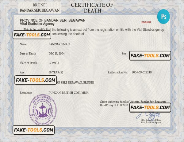 Brunei vital record death certificate PSD template, fully editable
