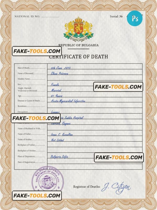 Bulgaria death certificate PSD template, completely editable