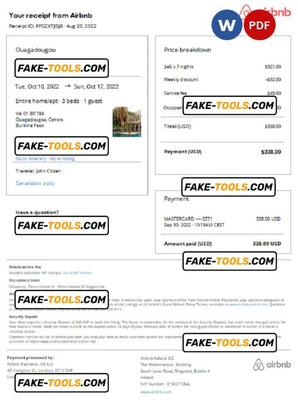 Burkina Faso Airbnb booking confirmation Word and PDF template