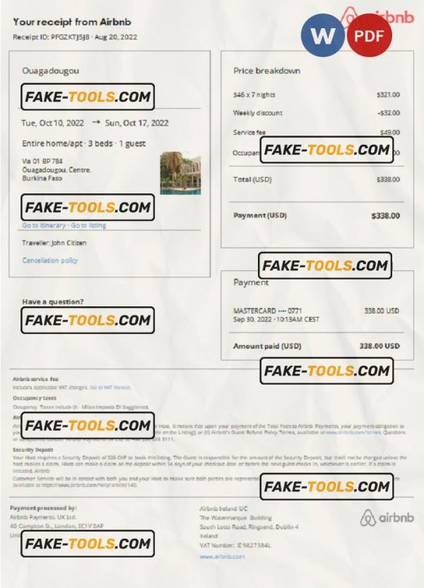 Burkina Faso Airbnb booking confirmation Word and PDF template scan effect