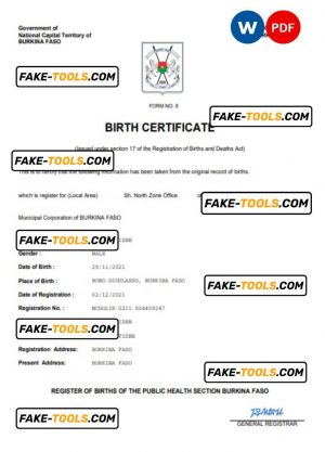 Burkina Faso birth certificate Word and PDF template, completely editable
