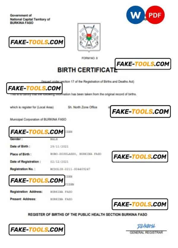 Burkina Faso birth certificate Word and PDF template, completely editable
