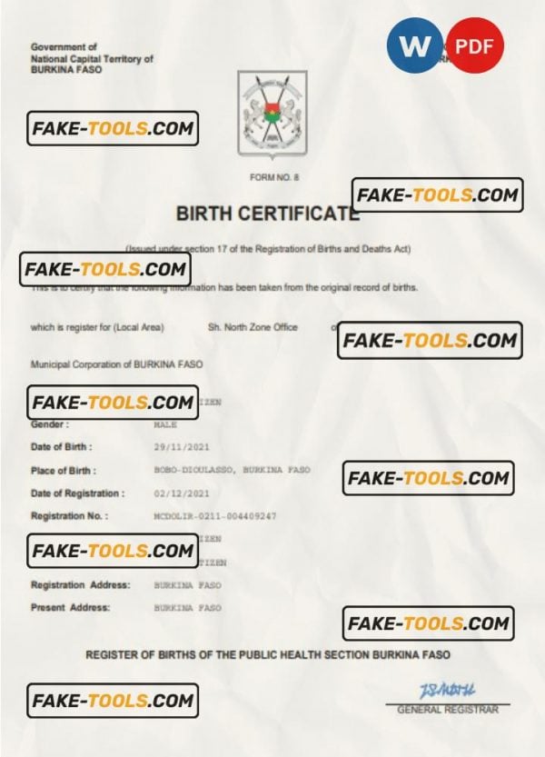 Burkina Faso birth certificate Word and PDF template, completely editable