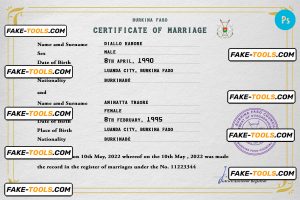 Burkina Faso marriage certificate PSD template, fully editable