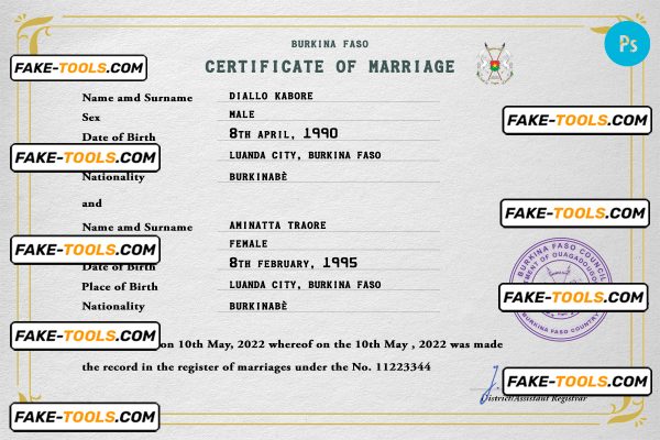 Burkina Faso marriage certificate PSD template, fully editable