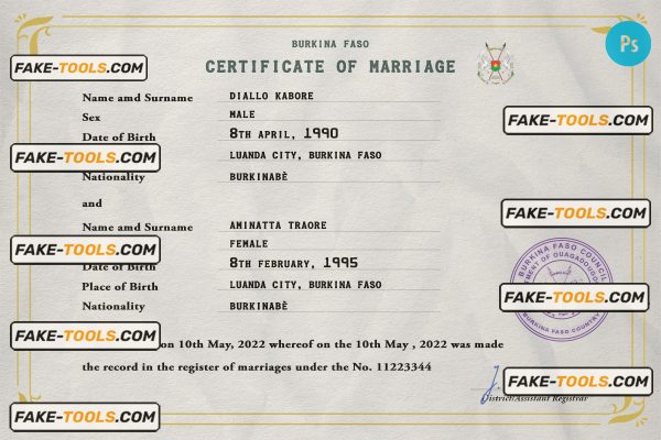 Burkina Faso marriage certificate PSD template, fully editable