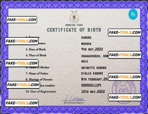 Burkina Faso vital record birth certificate PSD template, fully editable