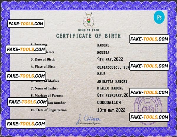 Burkina Faso vital record birth certificate PSD template, fully editable