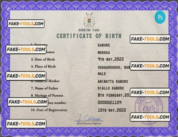 Burkina Faso vital record birth certificate PSD template, fully editable