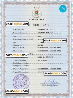 Burkina Faso vital record death certificate PSD template, completely editable