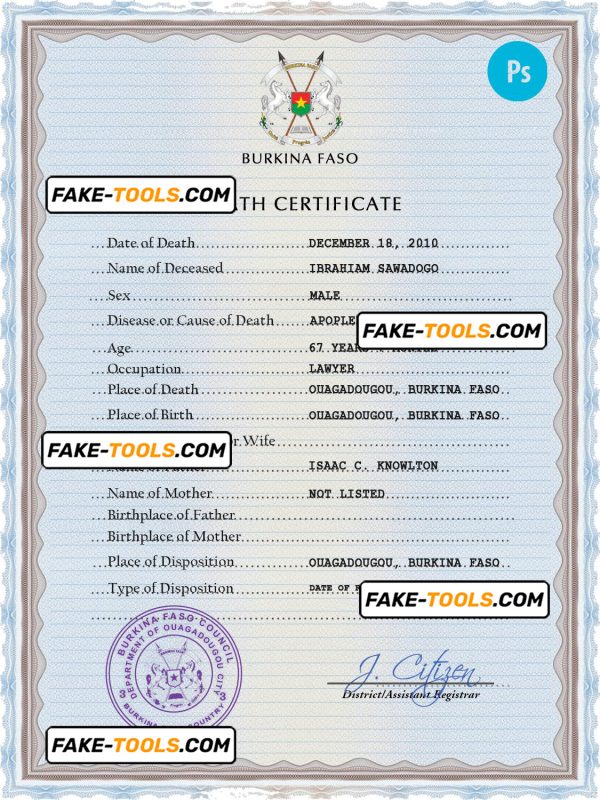 Burkina Faso vital record death certificate PSD template, completely editable