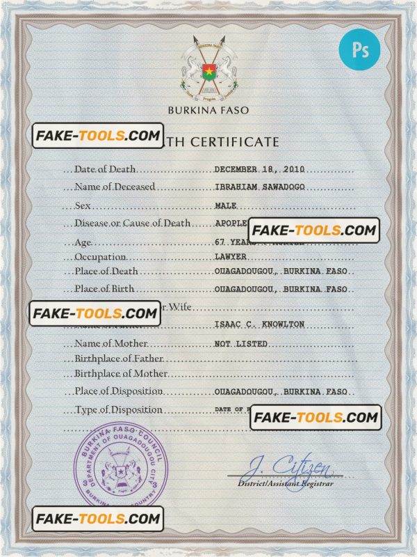 Burkina Faso vital record death certificate PSD template, completely editable