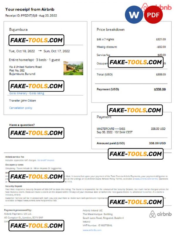 Burundi Airbnb booking confirmation Word and PDF template