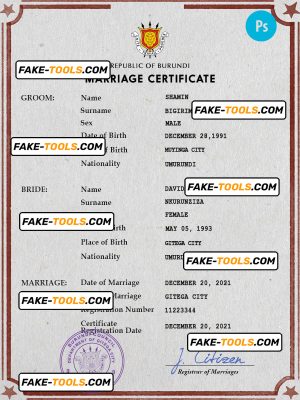 Burundi marriage certificate PSD template, completely editable