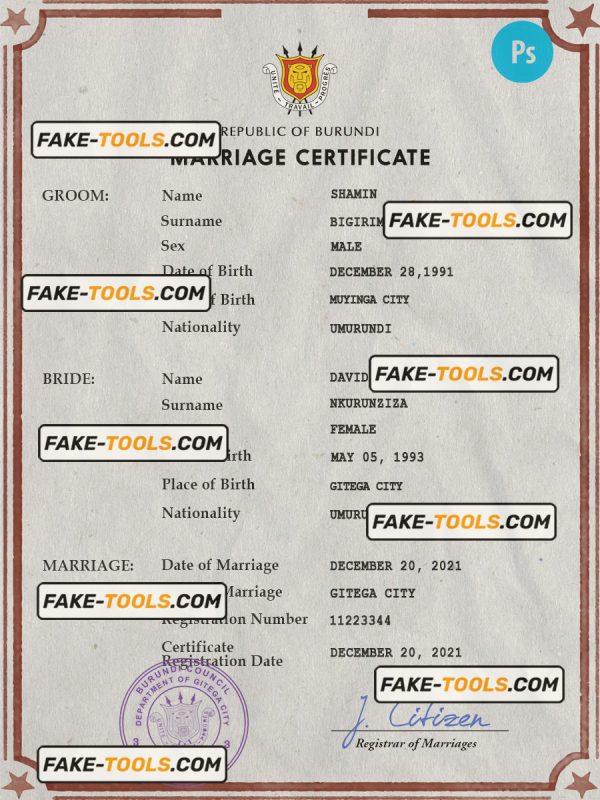 Burundi marriage certificate PSD template, completely editable