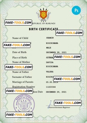 Burundi vital record birth certificate PSD template