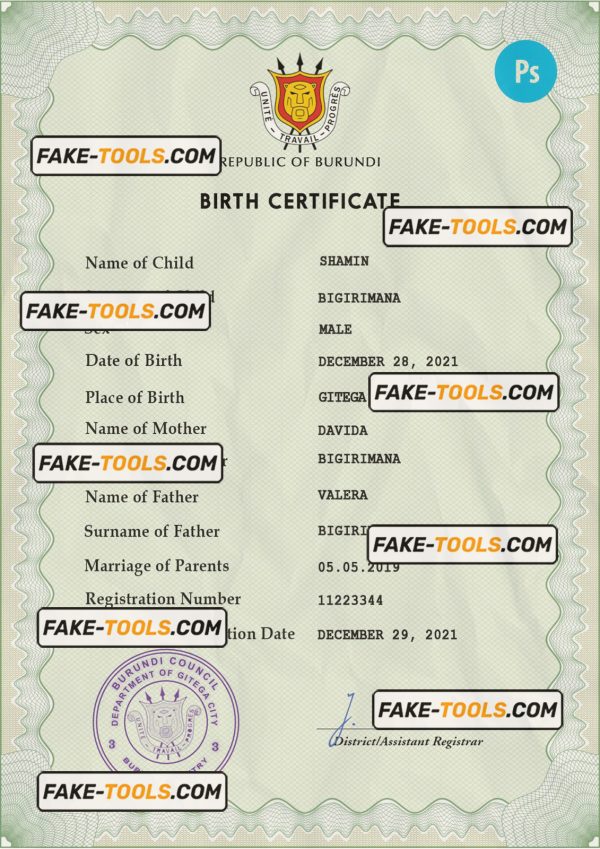 Burundi vital record birth certificate PSD template