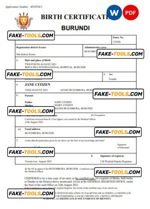 Burundi vital record birth certificate Word and PDF template, completely editable
