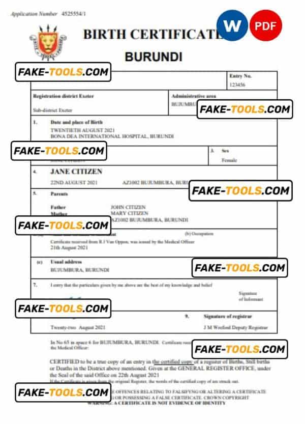Burundi vital record birth certificate Word and PDF template, completely editable
