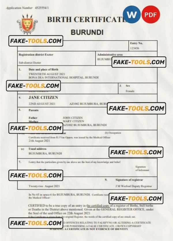 Burundi vital record birth certificate Word and PDF template, completely editable