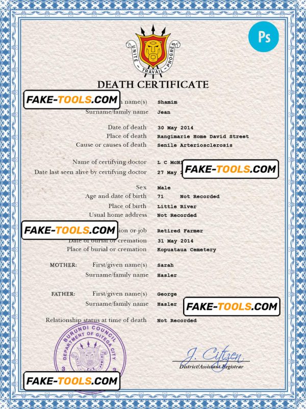 Burundi vital record death certificate PSD template