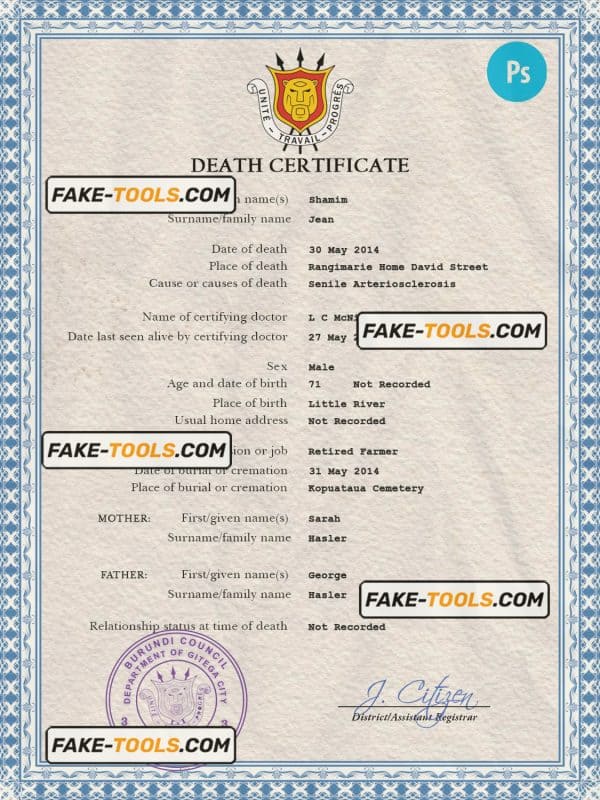 Burundi vital record death certificate PSD template