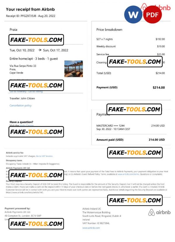 Cabo Verde Airbnb booking confirmation Word and PDF template