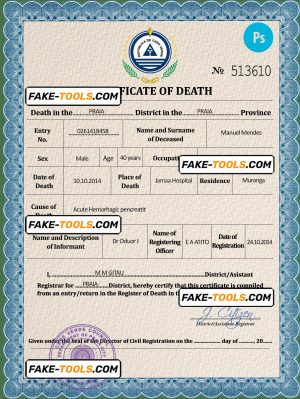 Cabo Verde death certificate PSD template, completely editable