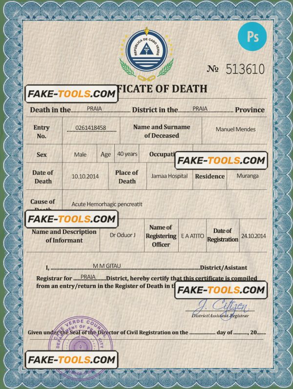 Cabo Verde death certificate PSD template, completely editable