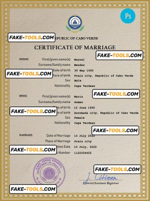 Cabo Verde marriage certificate PSD template, fully editable