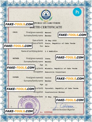 Cabo Verde vital record birth certificate PSD template, completely editable
