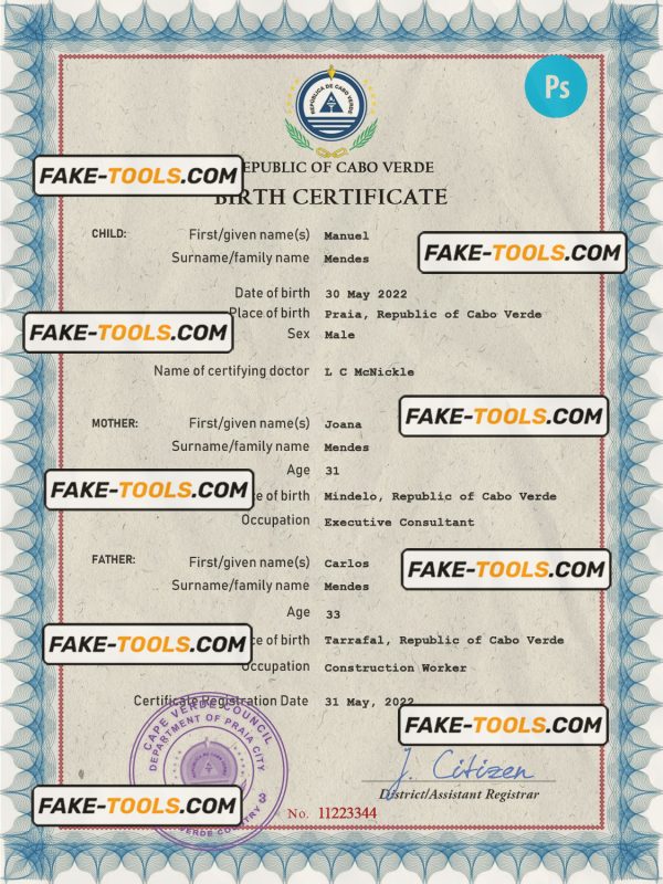 Cabo Verde vital record birth certificate PSD template, completely editable
