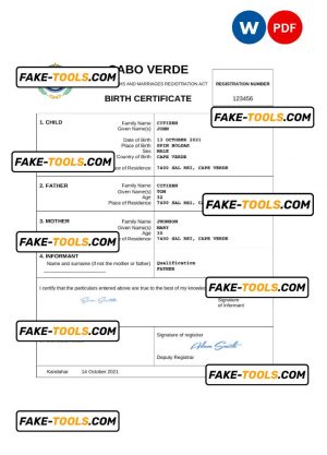 Cabo Verde vital record birth certificate Word and PDF template, completely editable