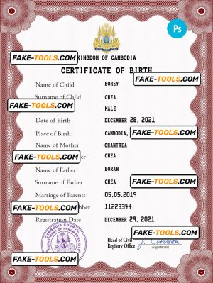 Cambodia birth certificate PSD template, completely editable