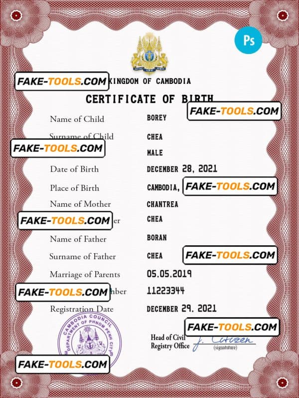 Cambodia birth certificate PSD template, completely editable