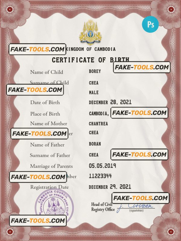 Cambodia birth certificate PSD template, completely editable