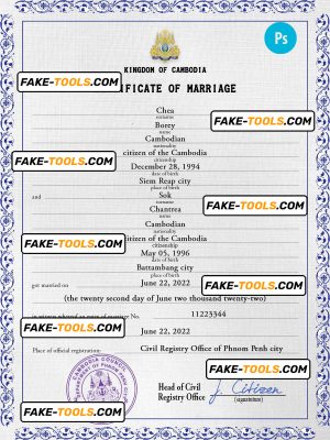 Cambodia marriage certificate PSD template, completely editable