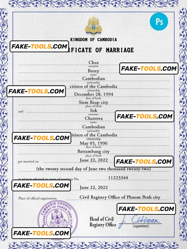 Cambodia marriage certificate PSD template, completely editable