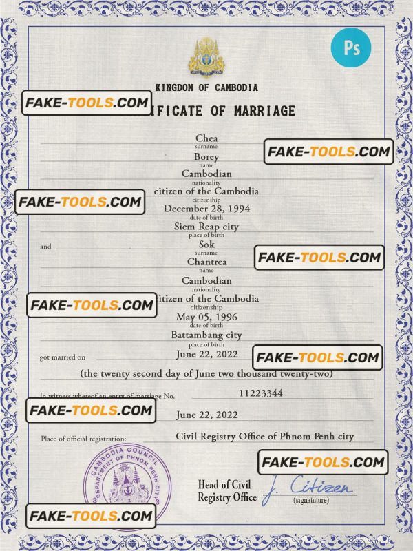 Cambodia marriage certificate PSD template, completely editable