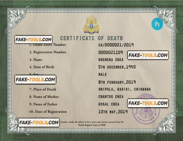 Cambodia vital record death certificate PSD template
