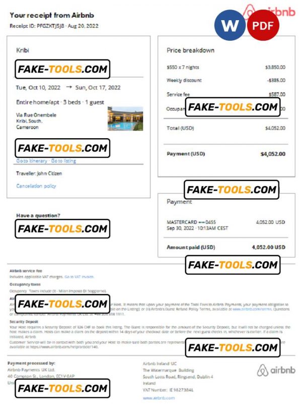 Cameroon Airbnb booking confirmation Word and PDF template