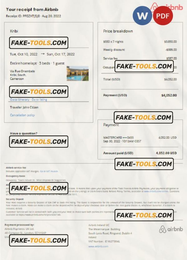 Cameroon Airbnb booking confirmation Word and PDF template scan effect