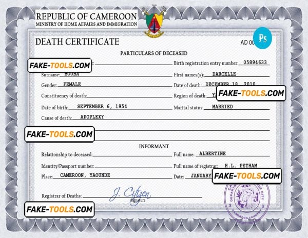 Cameroon death certificate PSD template, completely editable