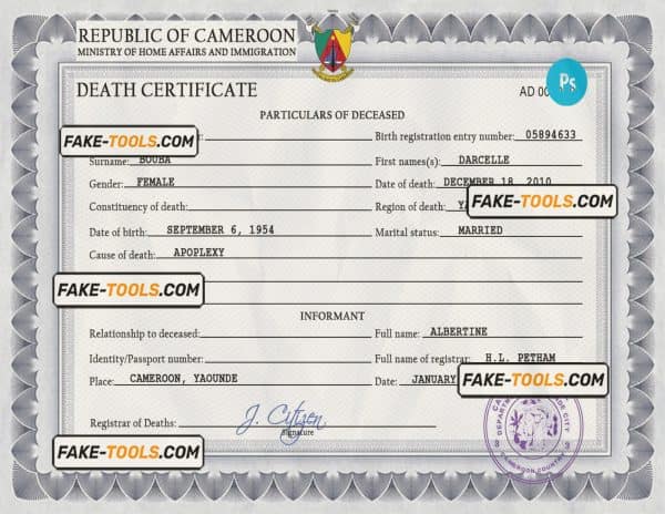 Cameroon death certificate PSD template, completely editable
