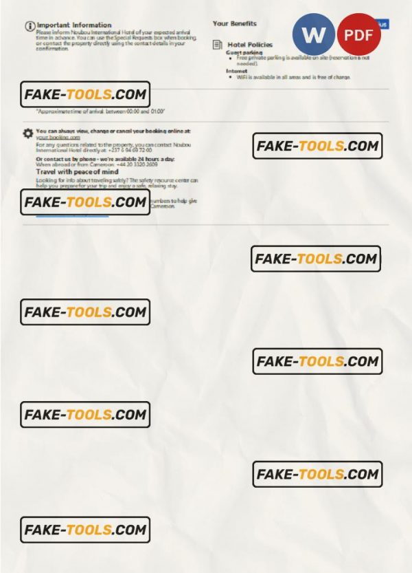 Cameroon hotel booking confirmation Word and PDF template, 2 pages scan effect