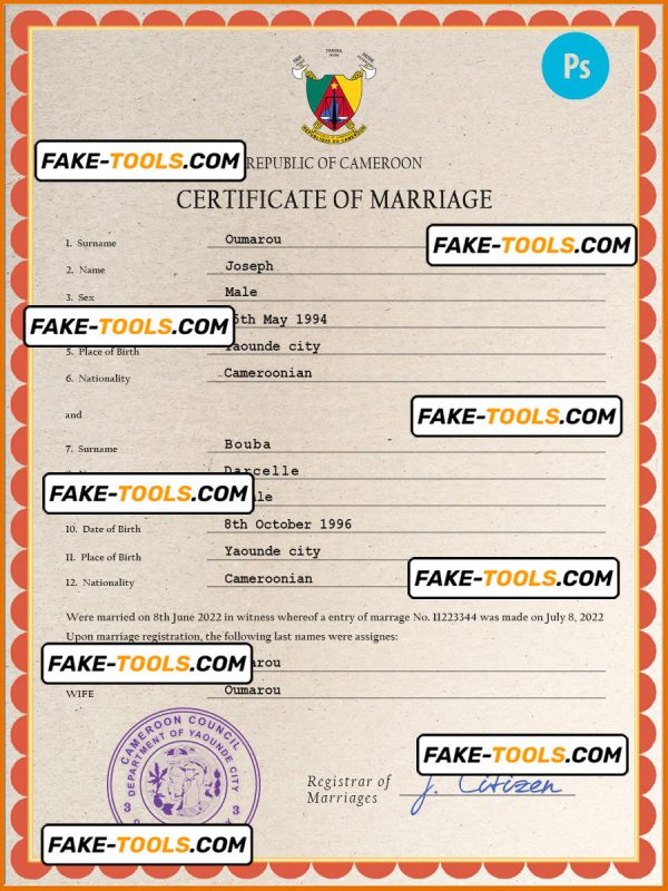 Cameroon marriage certificate PSD template, completely editable