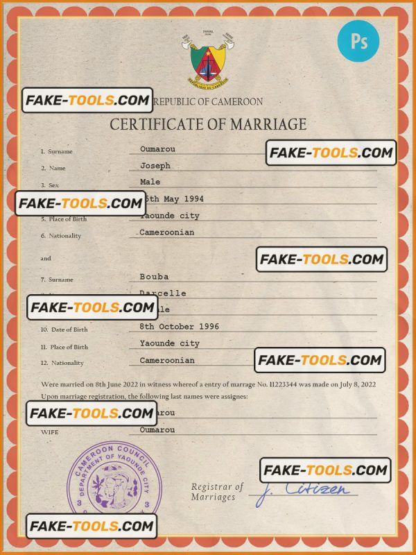 Cameroon marriage certificate PSD template, completely editable
