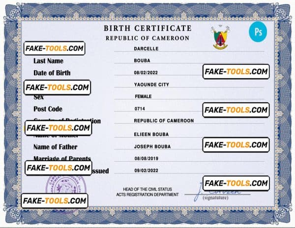 Cameroon vital record birth certificate PSD template