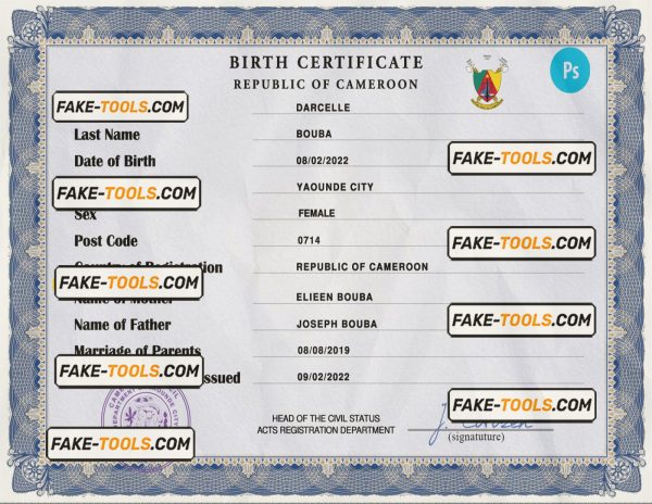Cameroon vital record birth certificate PSD template