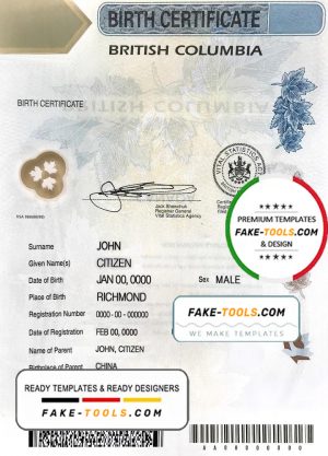 Canada British Columbia Birth Certificate template in PSD format